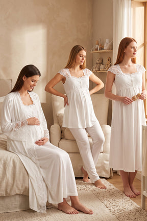 Flywheel Arm Lace Shoulder 4-Piece Maternity-Nursing Set Ecru - 4066