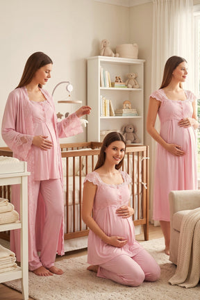 Flywheel Arm Lace Shoulder 4-Piece Maternity-Nursing Set Pink - 4066