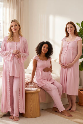Flywheel Arm Lace Shoulder 4-Piece Maternity-Nursing Set Pink - 4066