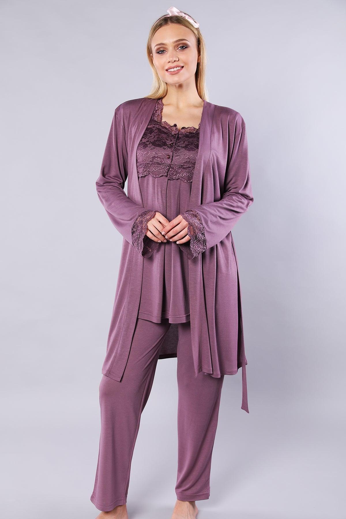 Lace Detailed 3-Pieces Maternity & Nursing Pajamas With Robe Plum - 4004
