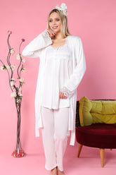 Lace Detailed 3-Pieces Maternity & Nursing Pajamas With Robe Ecru - 4004