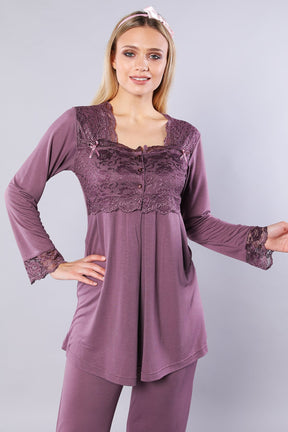 Lace Detailed 3-Pieces Maternity & Nursing Pajamas With Robe Plum - 4004