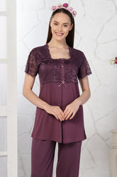 Lace Embroidered Maternity & Nursing Pajamas Plum - 4086