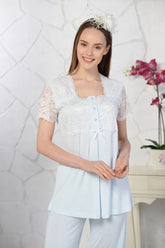 Lace Embroidered Maternity & Nursing Pajamas Blue - 4086