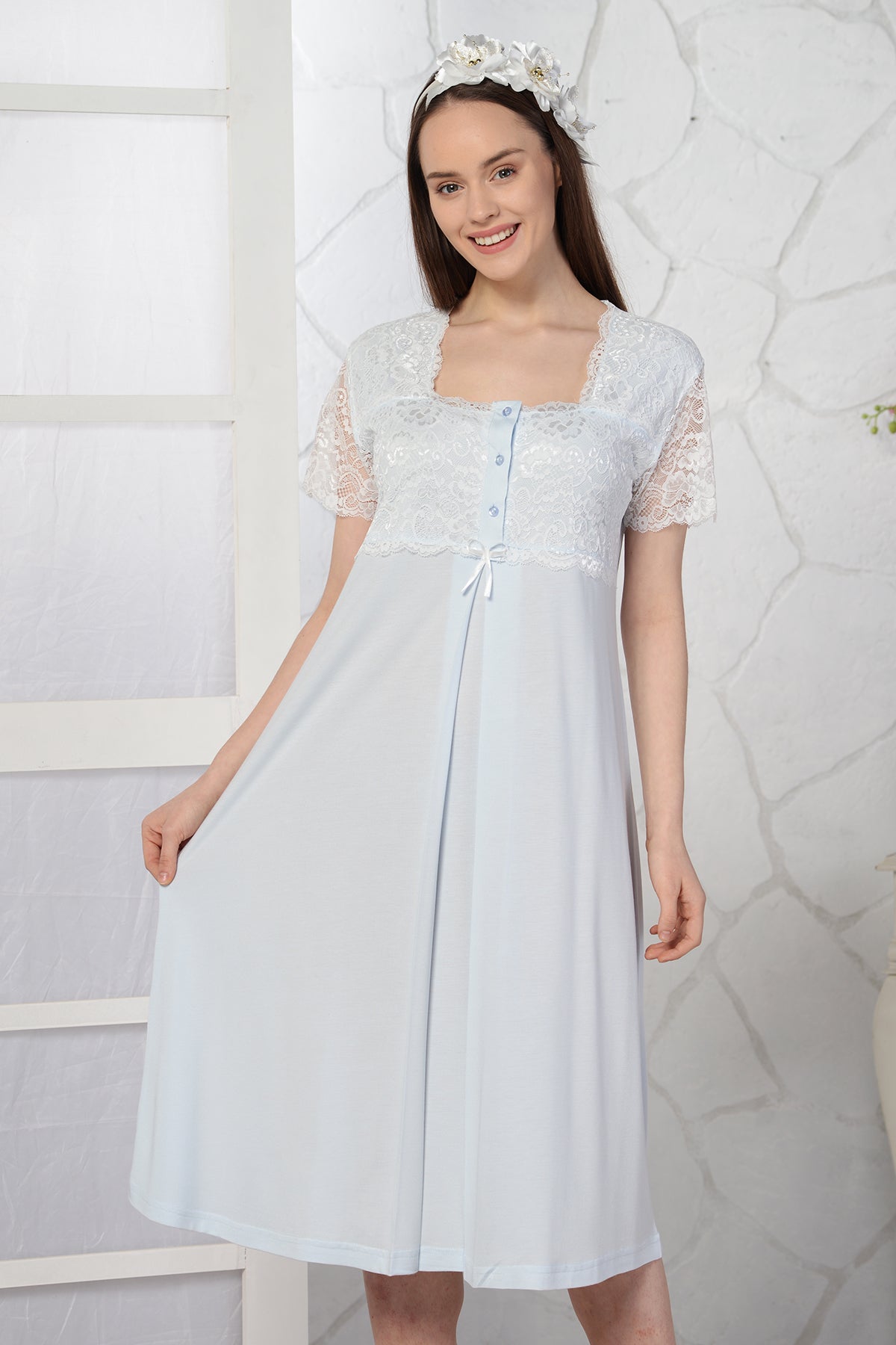 Lace Embroidered Maternity & Nursing Nightgown Blue - 4087