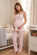 Lace Collar Striped Maternity & Nursing Pajama Set Powder - 4092