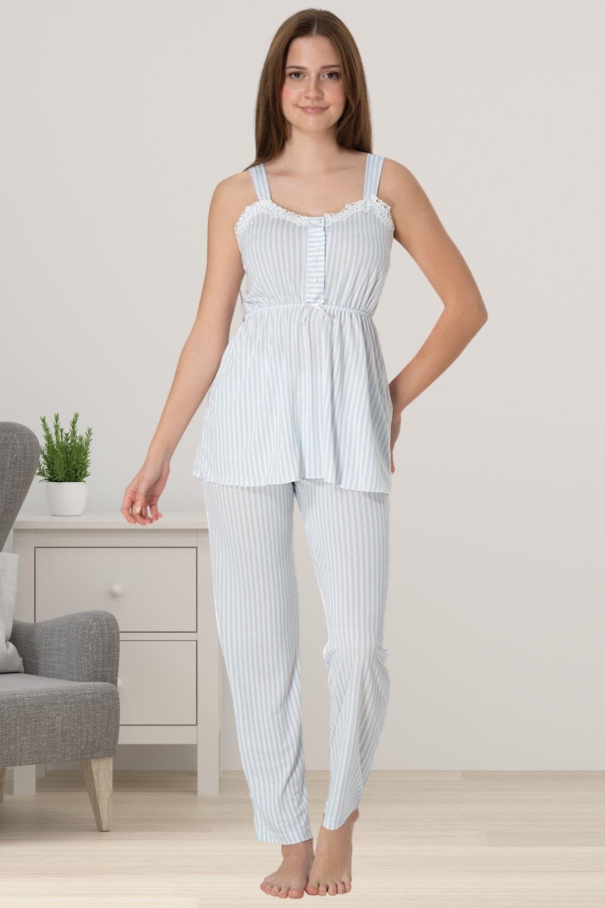 Lace Collar Striped 3-Piece Maternity-Nursing Pajama & Robe Set Blue - 4094