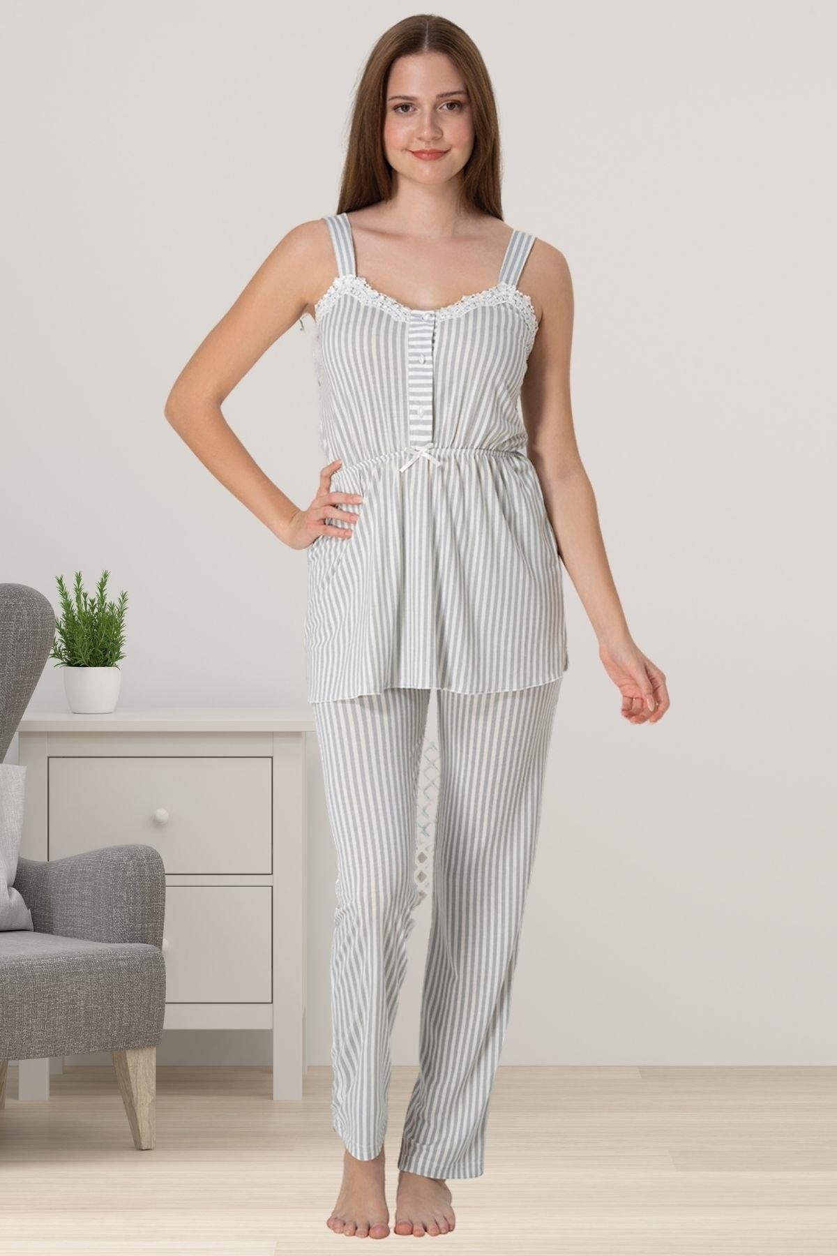 Lace Collar Striped 3-Piece Maternity-Nursing Pajama & Robe Set Grey - 4094