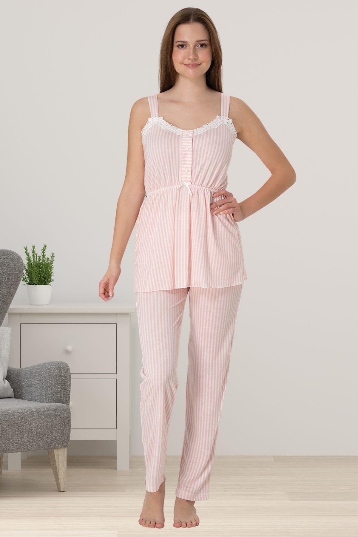 Lace Collar Striped 3-Piece Maternity-Nursing Pajama & Robe Set Powder - 4094