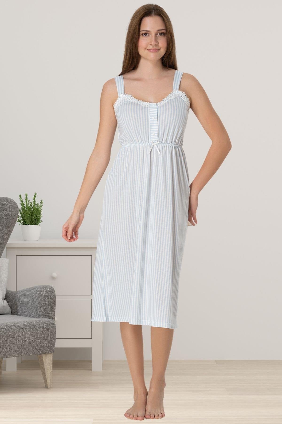 Lace Collar Striped Maternity-Nursing Nightgown & Robe Set Blue - 4095