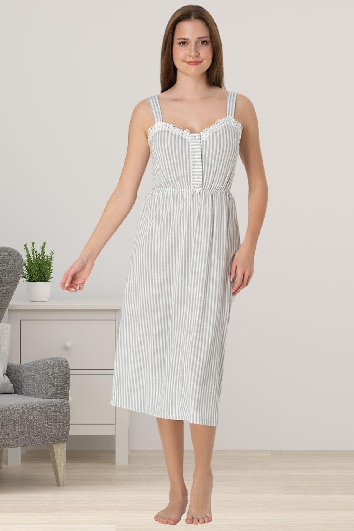 Lace Collar Striped Maternity-Nursing Nightgown & Robe Set Grey - 4095