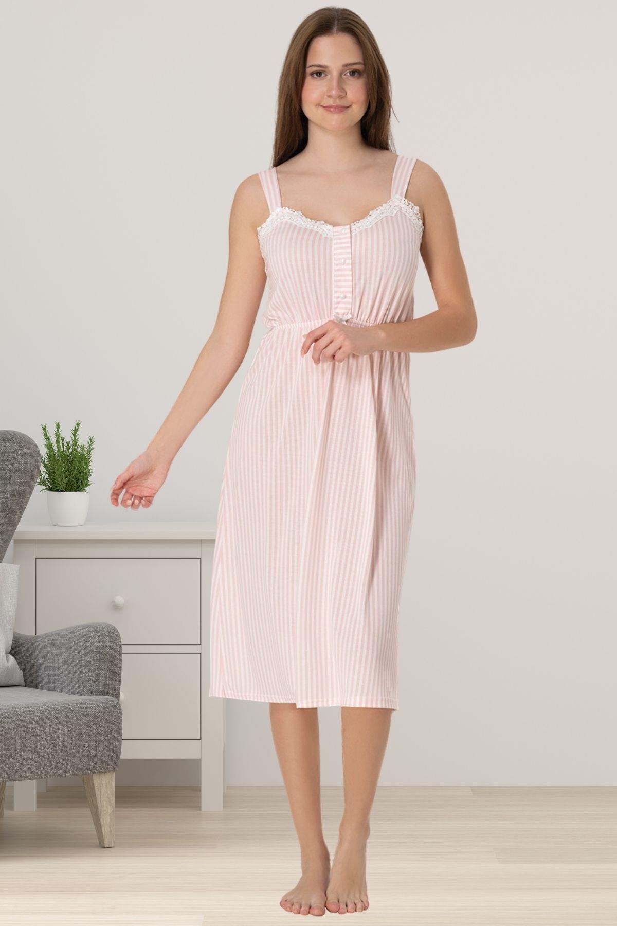 Lace Collar Striped Maternity-Nursing Nightgown & Robe Set Powder - 4095