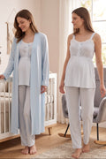 Lace Collar Striped 3-Piece Maternity-Nursing Pajama & Robe Set Blue - 4094