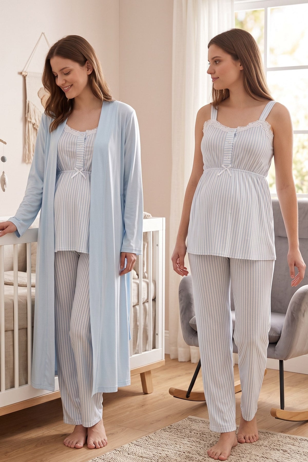 Lace Collar Striped 3-Piece Maternity-Nursing Pajama & Robe Set Blue - 4094