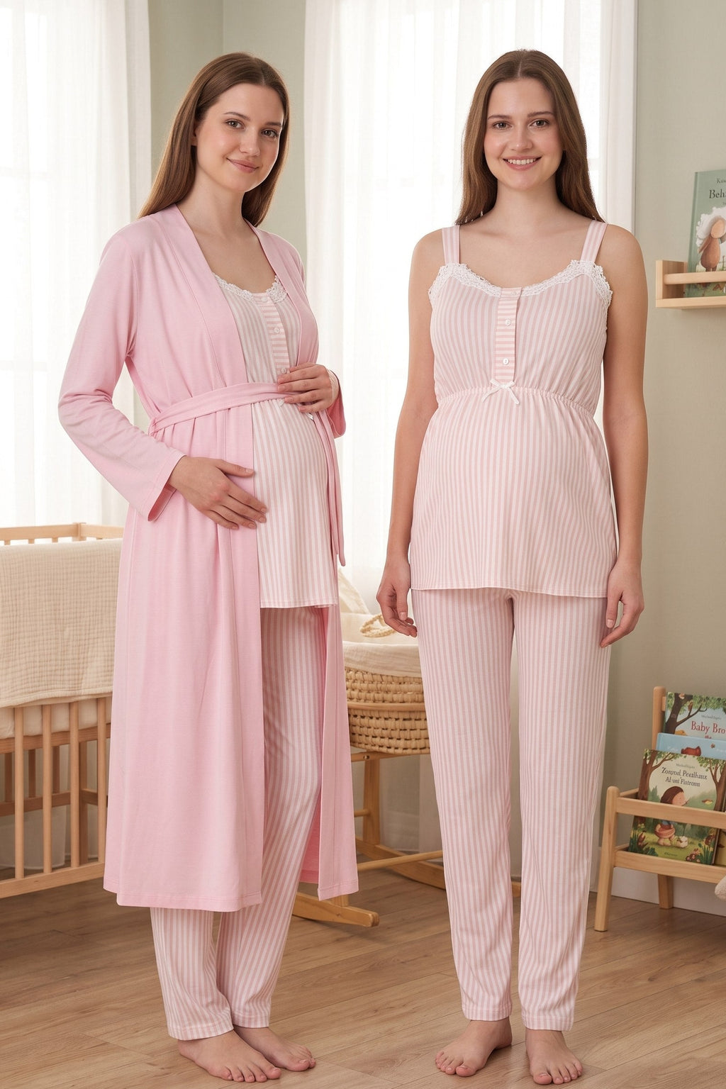 Lace Collar Striped 3-Piece Maternity-Nursing Pajama & Robe Set Powder - 4094