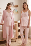 Lace Collar Striped 3-Piece Maternity-Nursing Pajama & Robe Set Powder - 4094