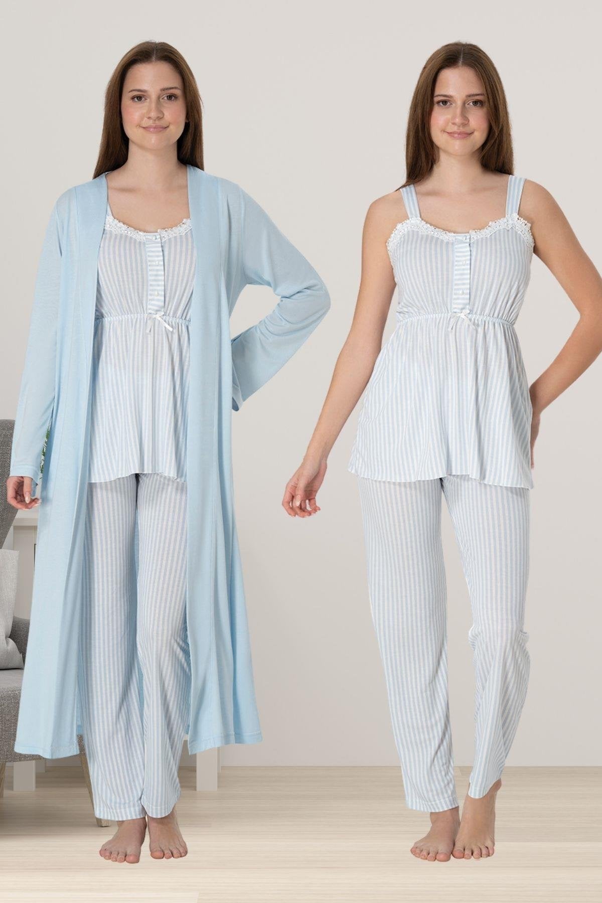 Lace Collar Striped 3-Piece Maternity-Nursing Pajama & Robe Set Blue - 4094