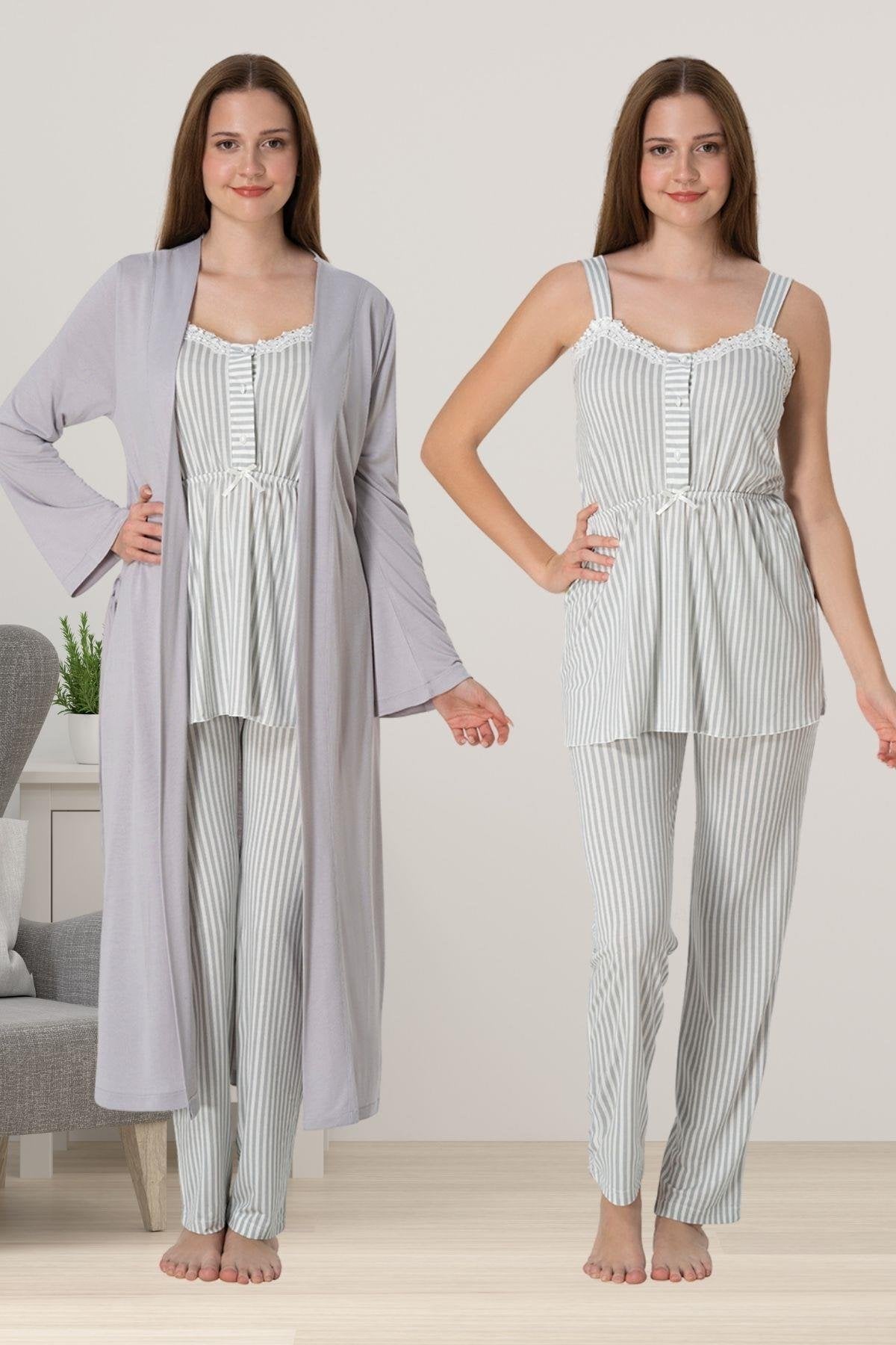 Lace Collar Striped 3-Piece Maternity-Nursing Pajama & Robe Set Grey - 4094
