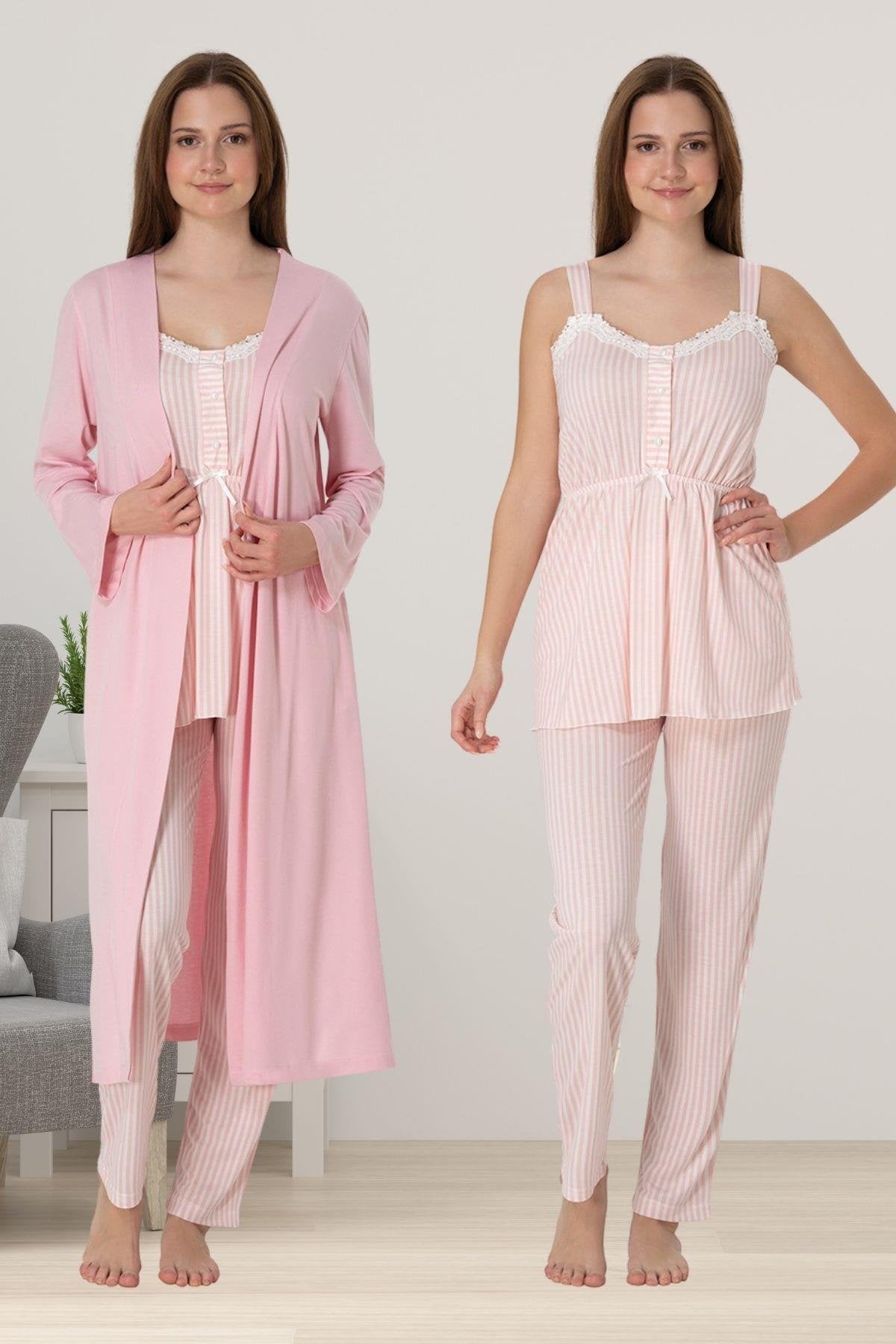 Lace Collar Striped 3-Piece Maternity-Nursing Pajama & Robe Set Powder - 4094