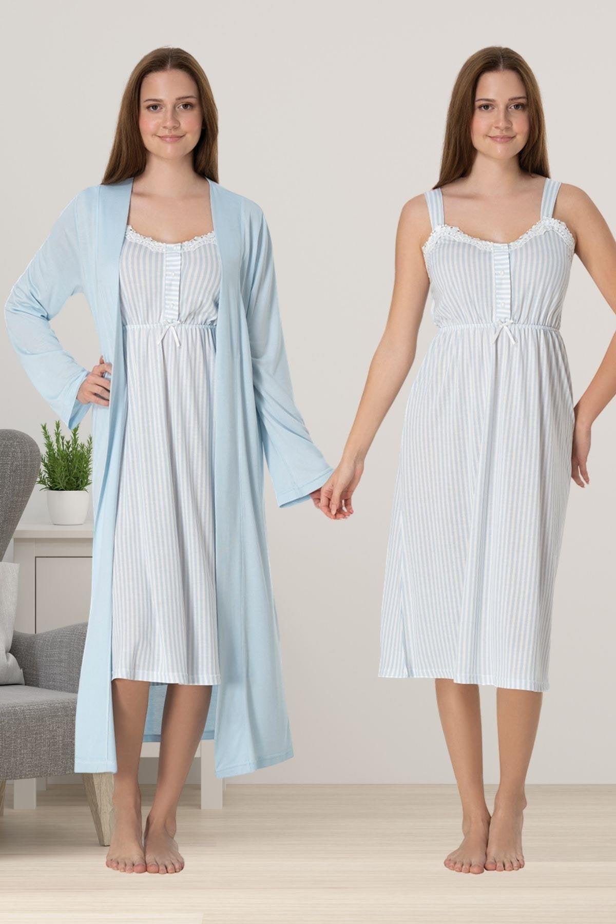 Lace Collar Striped Maternity-Nursing Nightgown & Robe Set Blue - 4095