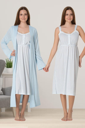 Lace Collar Striped 4 Piece Maternity-Nursing Set Blue - 4096