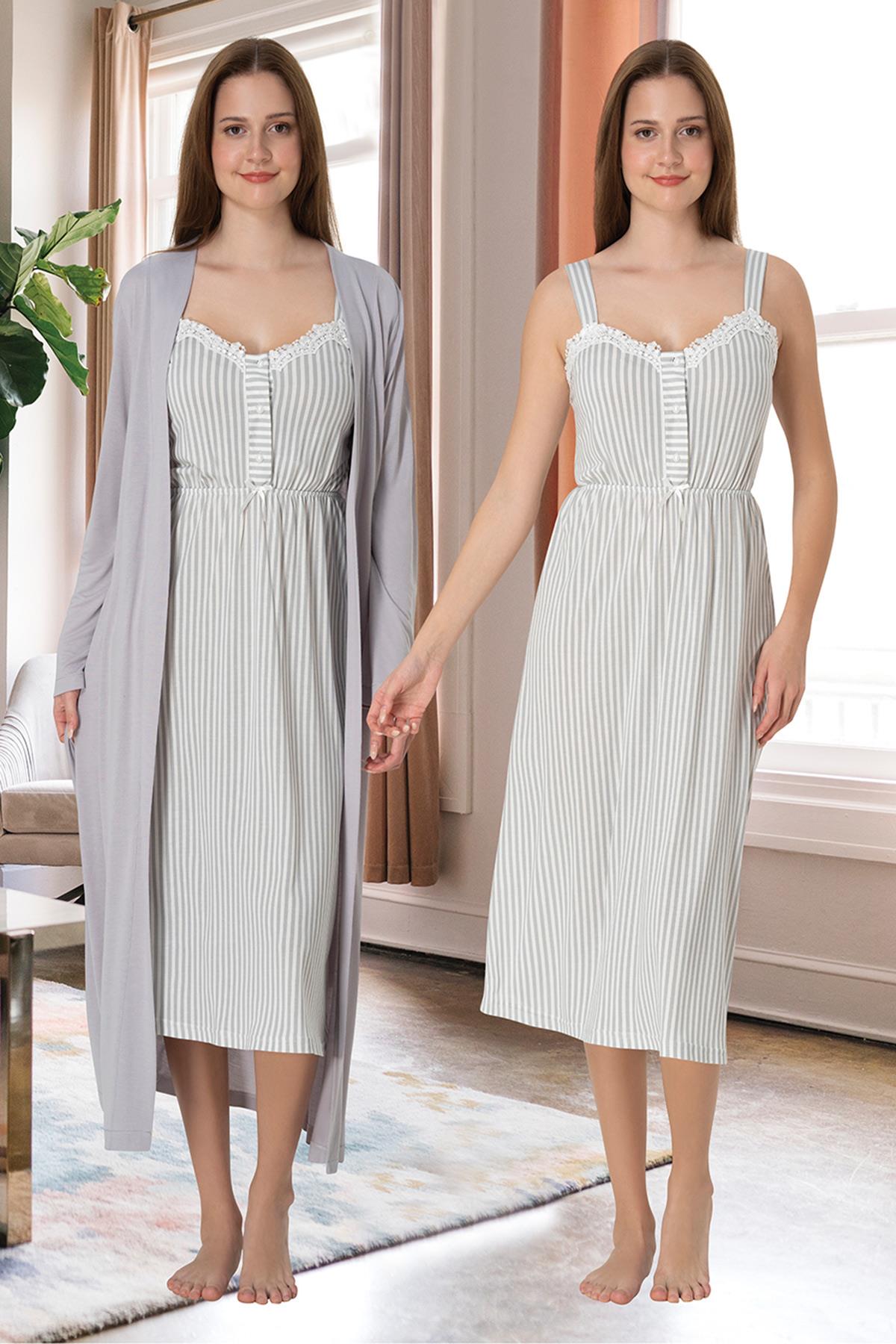 Lace Collar Striped Maternity-Nursing Nightgown & Robe Set Grey - 4095