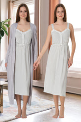 Lace Collar Striped Maternity-Nursing Nightgown & Robe Set Grey - 4095