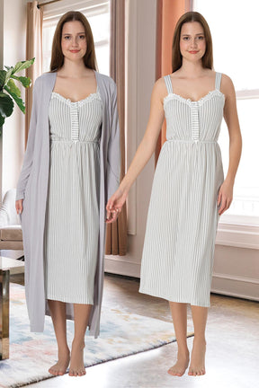 Lace Collar Striped 4 Piece Maternity-Nursing Set Grey - 4096