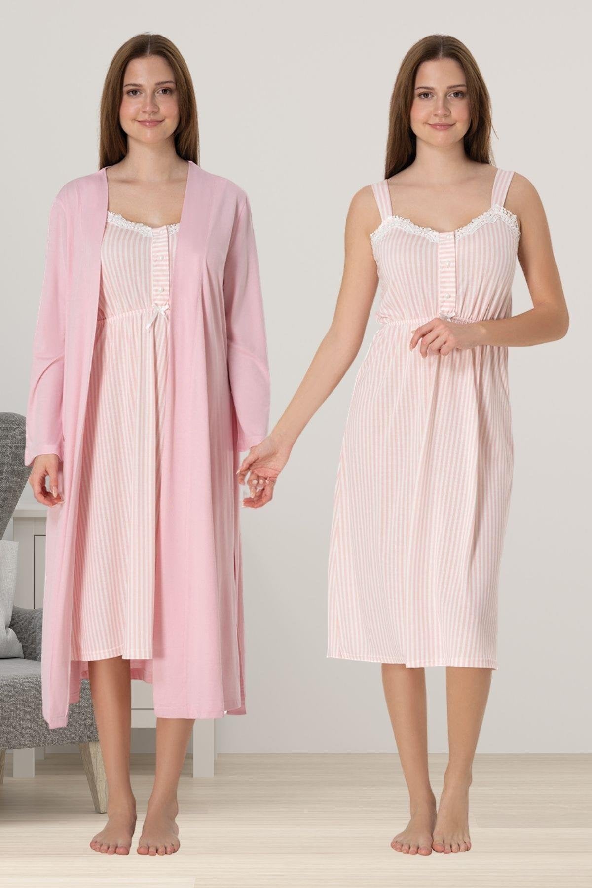 Lace Collar Striped Maternity-Nursing Nightgown & Robe Set Powder - 4095