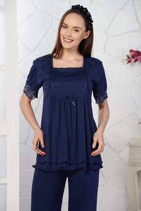 Lace Sleeve 3-Pieces Maternity & Nursing Pajamas With Robe Navy Blue - 4093