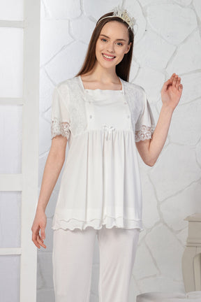 Lace Sleeve 3-Pieces Maternity & Nursing Pajamas With Robe Ecru - 4093