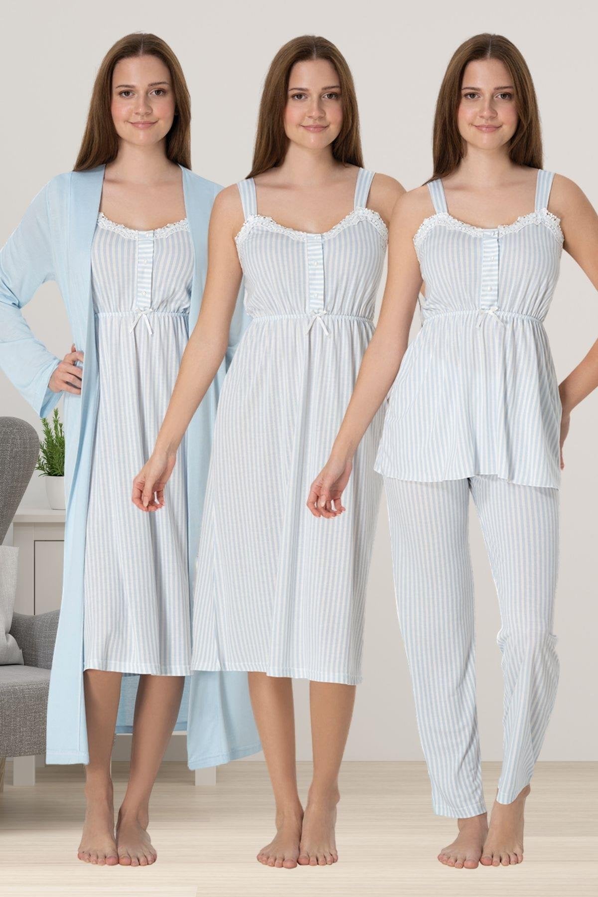 Lace Collar Striped 4 Piece Maternity-Nursing Set Blue - 4096