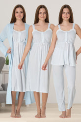 Lace Collar Striped 4 Piece Maternity-Nursing Set Blue - 4096