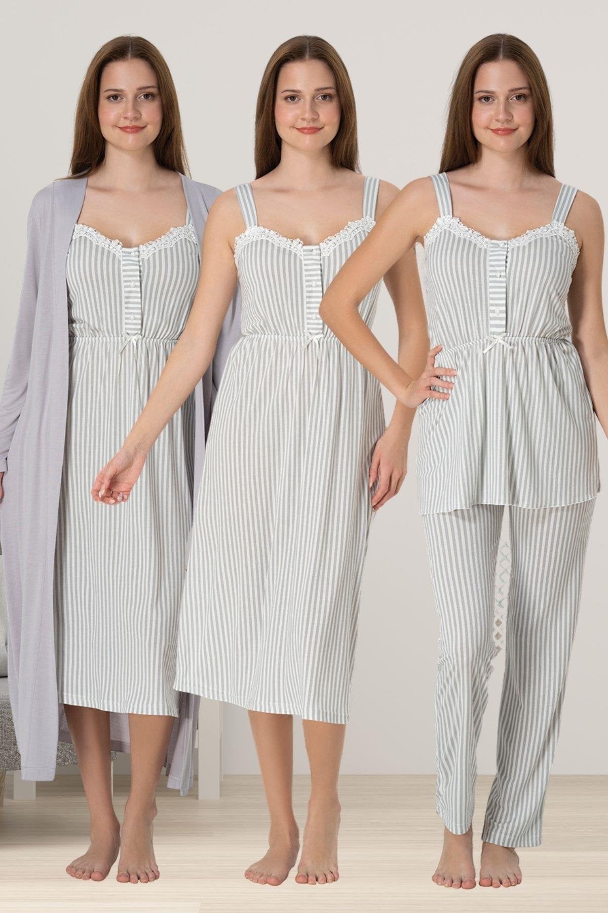 Lace Collar Striped 4 Piece Maternity-Nursing Set Grey - 4096