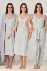 Lace Collar Striped 4 Piece Maternity-Nursing Set Grey - 4096