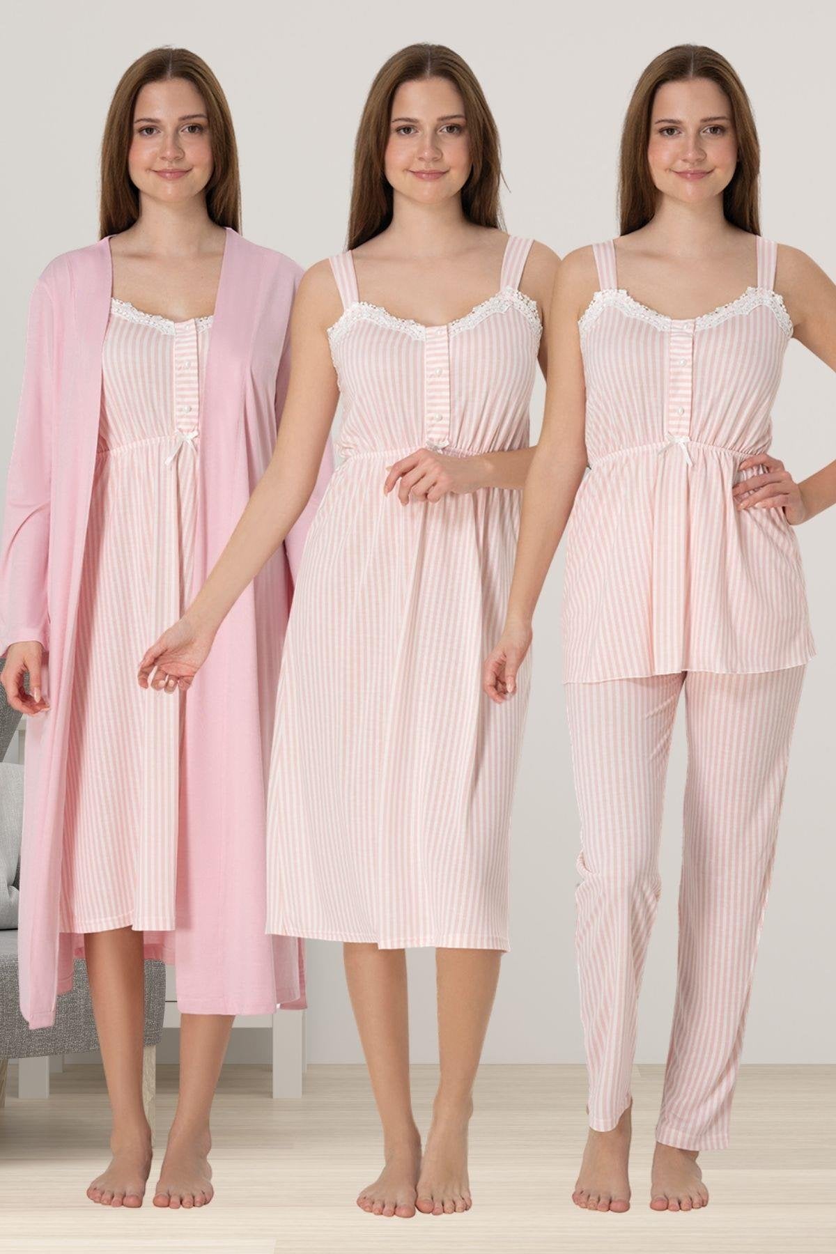 Lace Collar Striped 4 Piece Maternity-Nursing Set Powder - 4096