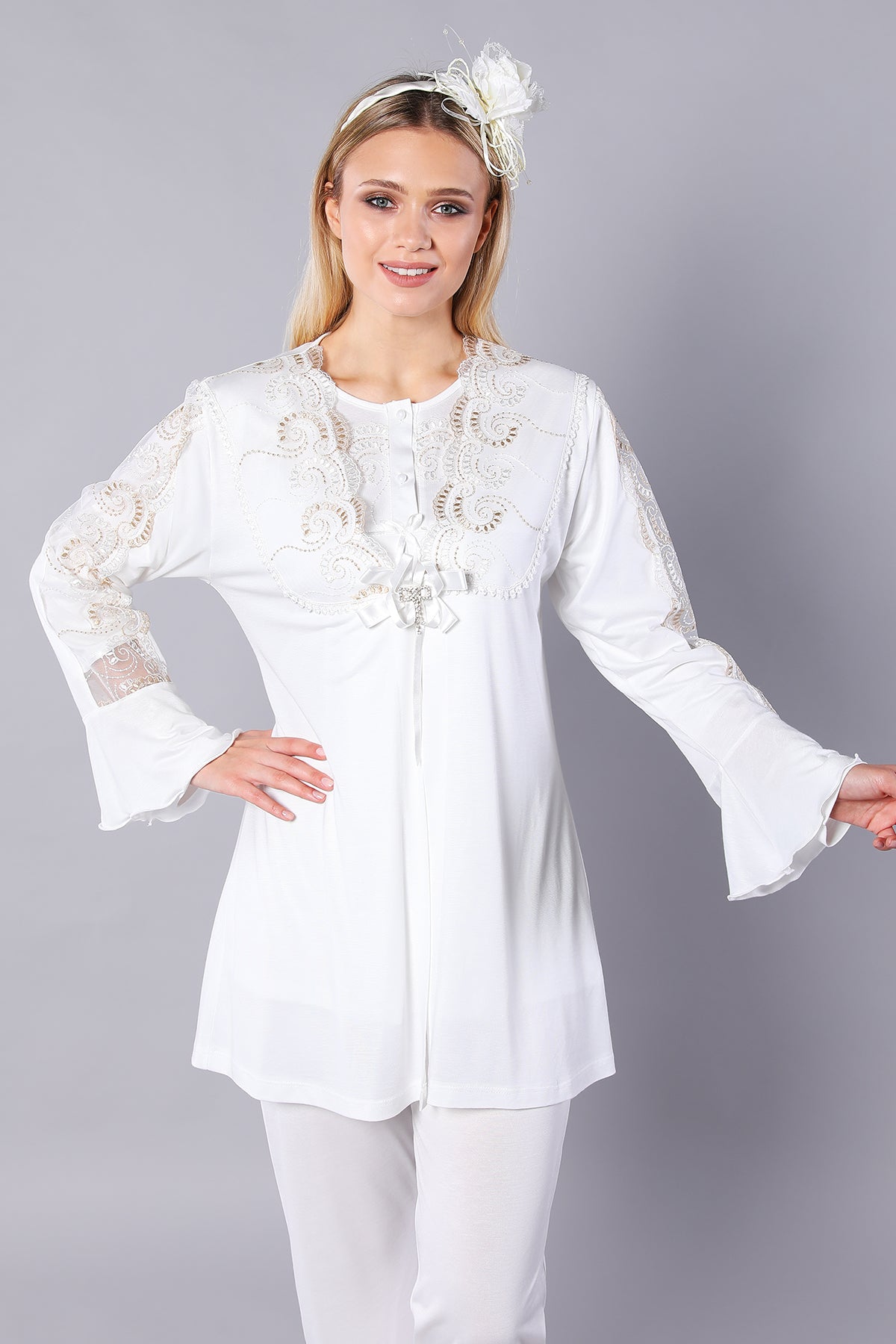 Guipure 3-Pieces Maternity & Nursing Pajamas With Robe Ecru - 4120