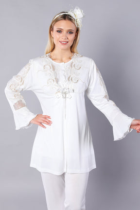 Guipure 3-Pieces Maternity & Nursing Pajamas With Robe Ecru - 4120