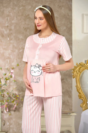 Kitty Pattern 3-Piece Maternity-Nursing Pajama & Robe Set Powder - 4123