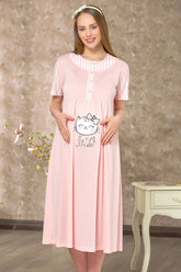 Kitty Pattern Maternity & Nursing Nightgown Powder - 4122