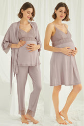 Lace Strappy 4-Piece Maternity-Nursing Set Mink - 431490