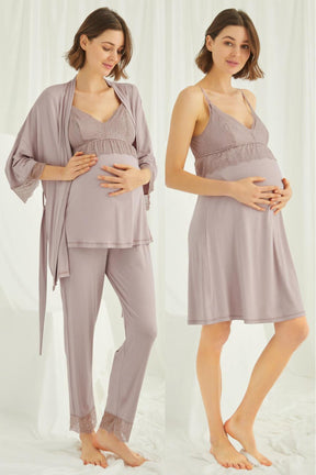 Lace Strappy 4-Piece Maternity-Nursing Set Mink - 431490