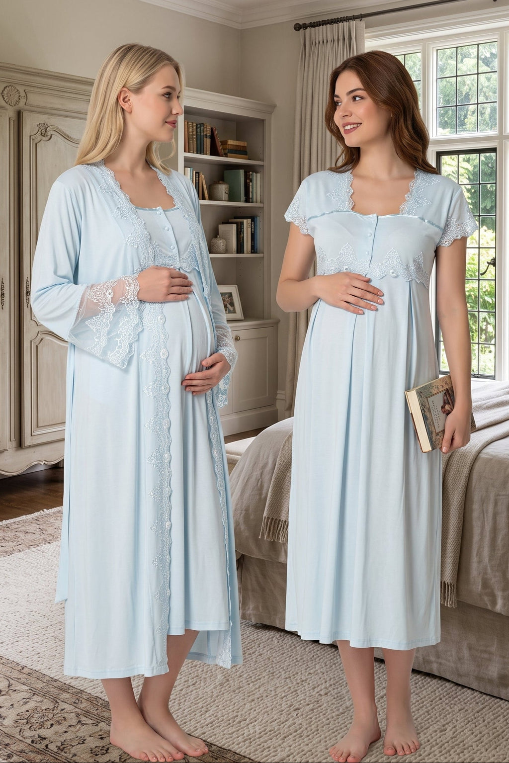 Lace Collar Maternity-Nursing Nightgown & Lace Detailed Robe Set Blue - 5010