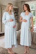 Lace Collar Maternity-Nursing Nightgown & Lace Detailed Robe Set Blue - 5010