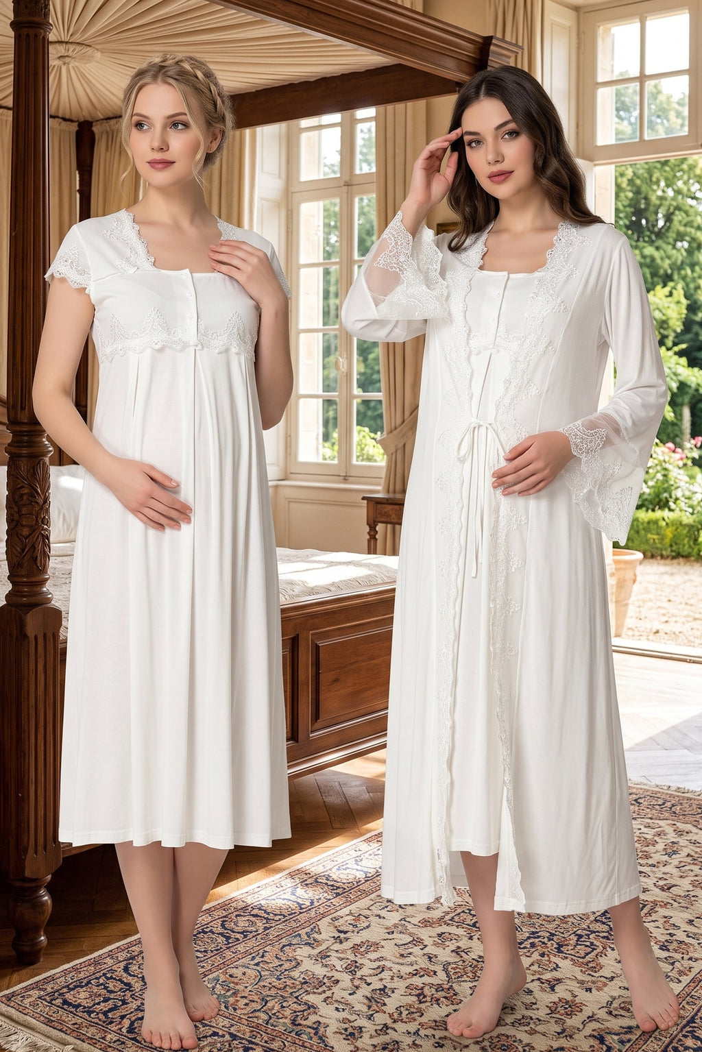 Lace Collar Maternity-Nursing Nightgown & Lace Detailed Robe Set Ecru - 5010