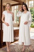 Lace Collar Maternity-Nursing Nightgown & Lace Detailed Robe Set Ecru - 5010