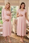 Lace Collar Maternity-Nursing Nightgown & Lace Detailed Robe Set Pink - 5010