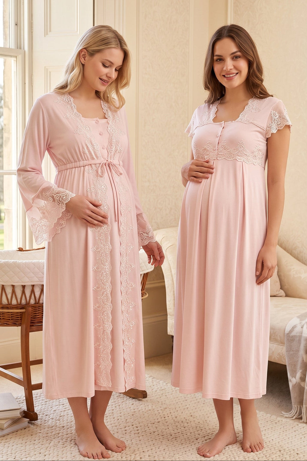Lace Collar Maternity-Nursing Nightgown & Lace Detailed Robe Set Pink - 5010