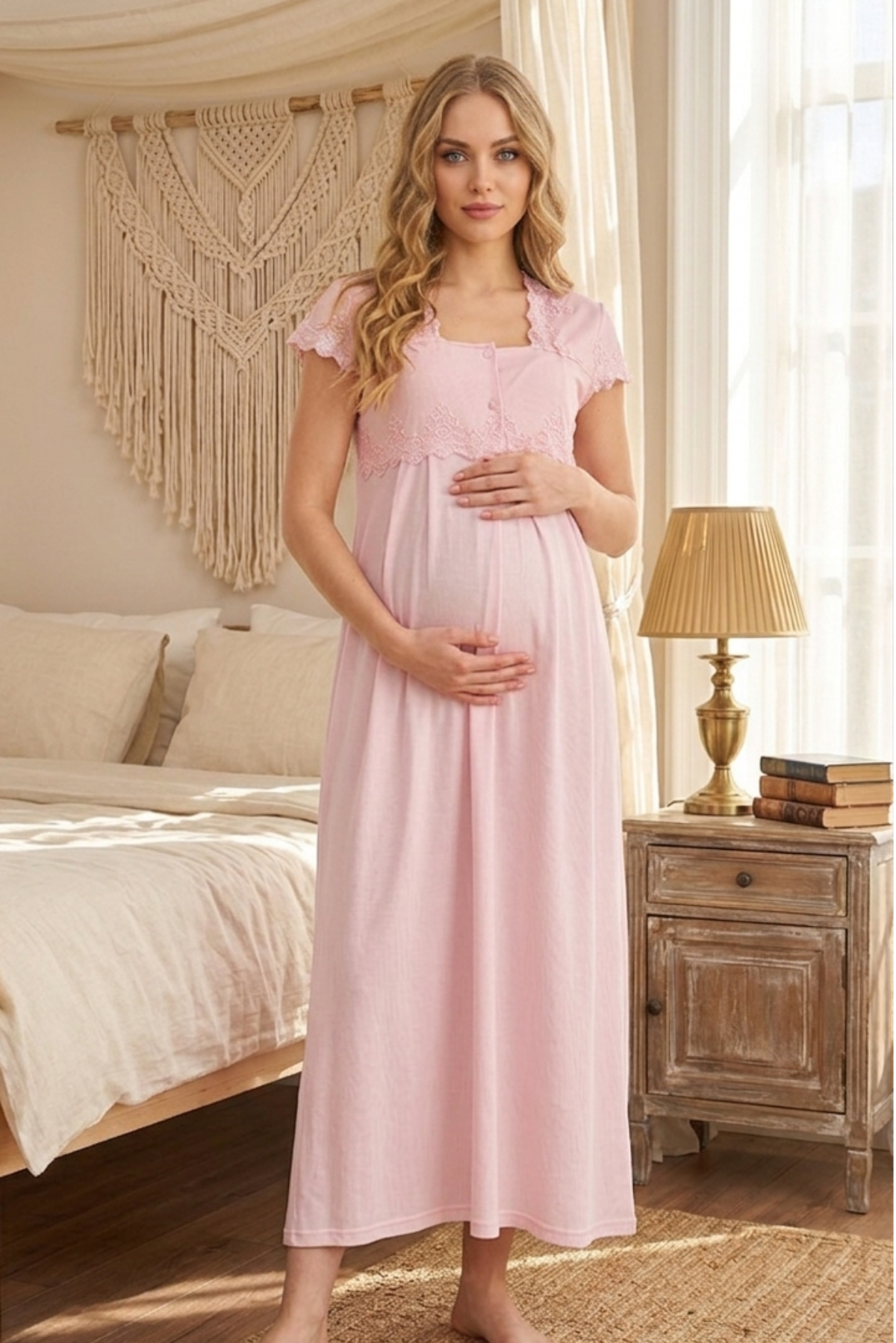 Lace Collar Maternity-Nursing Nightgown & Lace Detailed Robe Set Pink - 5010