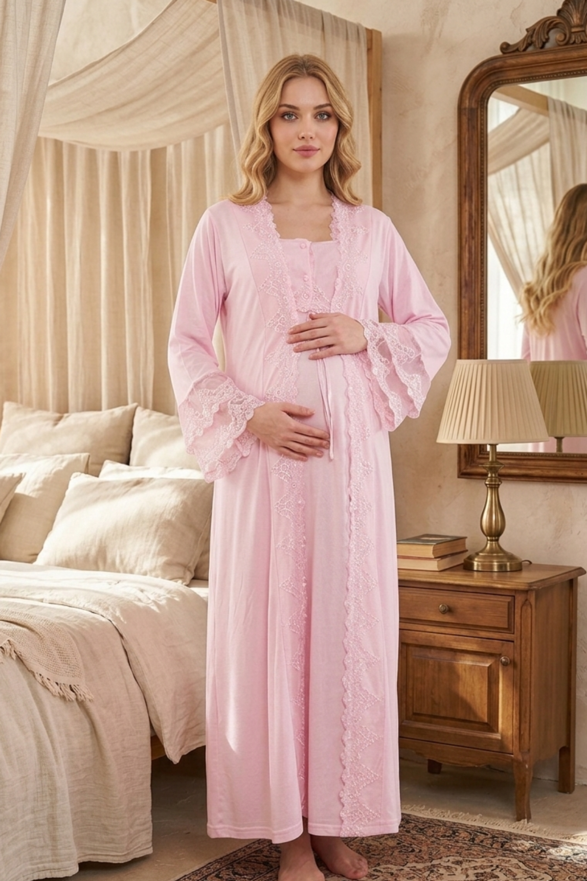Lace Collar Maternity-Nursing Nightgown & Lace Detailed Robe Set Pink - 5010